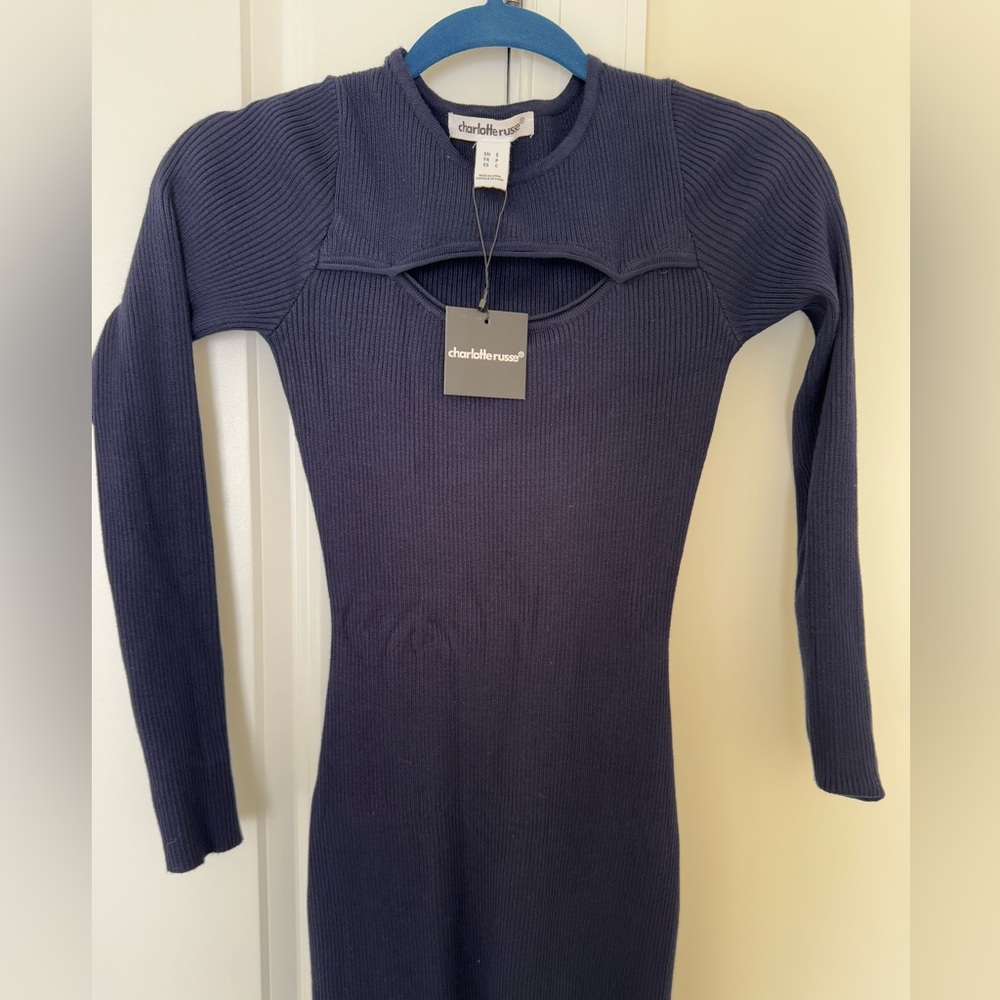 Charlotte Russe Women's Long Sleeve Cutout Front Ribbed Dress . Navy . Sz S. New